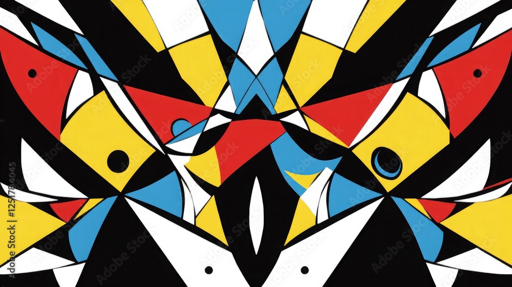 Poster a bold abstract design with dynamic shapes and striking colors arranged symmetrically