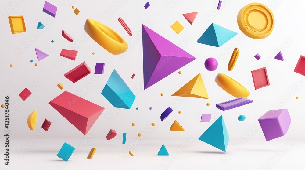 Fototapete a d render of geometric shapes in vibrant colors floating over a white background
