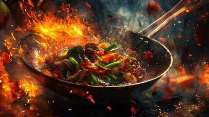 A vibrant scene of a wok on high heat with stir-frying vegetables and meat, showcasing the dynamic action of cooking and the bright colors of the ingredients.