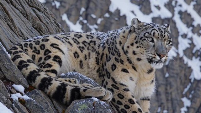  close-up portrait of a snow leopard resting on a rocky mountain ledge