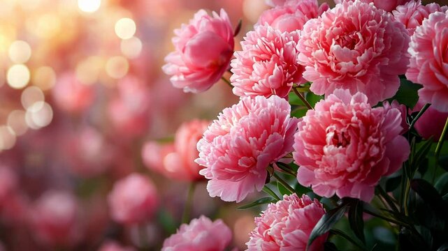 Beautiful pink peonies blooming in a vibrant garden with soft bokeh