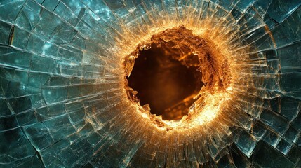 Shattered glass hole, impact, dark background, forensic, crime scene