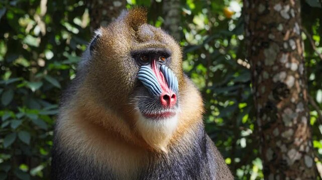 close-up portrait of a mandrill sitting in the shade of a dense tropical rainforest,