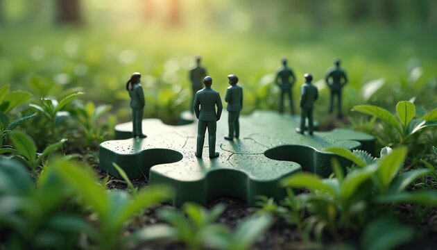 Group of business people stand on green jigsaw puzzle in garden. Team building concept. Teamwork fosters effective collaboration among stakeholders in ecosystem business enhancing value and support.