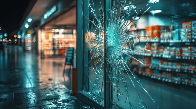 Shattered Shopfront Window at Night, City Street