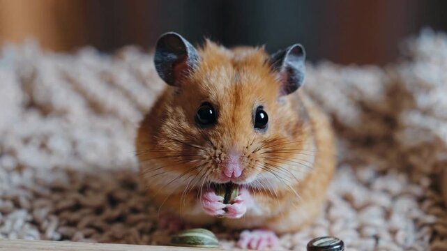  close-up portrait of a golden Syrian hamster sitting on a small wooden platform