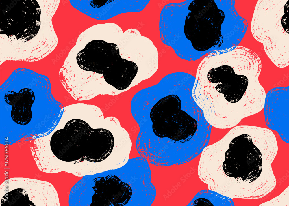 Poster abstract hand draw background with painted round blue, white shapes. seamless pattern with dry brush