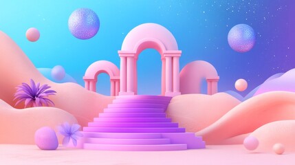 vibrant abstract scene featuring pink arches, steps, and floating spheres against blue gradient background, evoking dreamy atmosphere