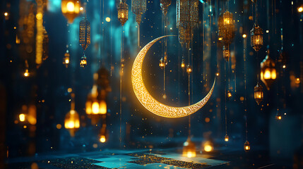 Obraz premium Golden Crescent Moon with Hanging Lanterns and Lights