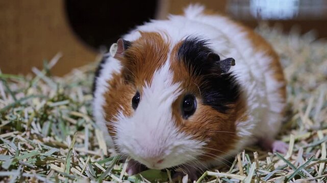 close-up portrait of a fluffy guinea pig sitting on a soft bed of hay,