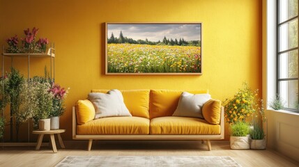Cozy Living Room with Yellow Walls and Floral Artwork Surrounded by Indoor Plants for Comfort and Relaxation Decorated with Greenery and Natural