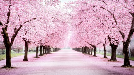 Naklejka premium Cherry blossom blossoms in full bloom scenic garden pathway nature photography serene spring atmosphere wide angle view tranquility and beauty