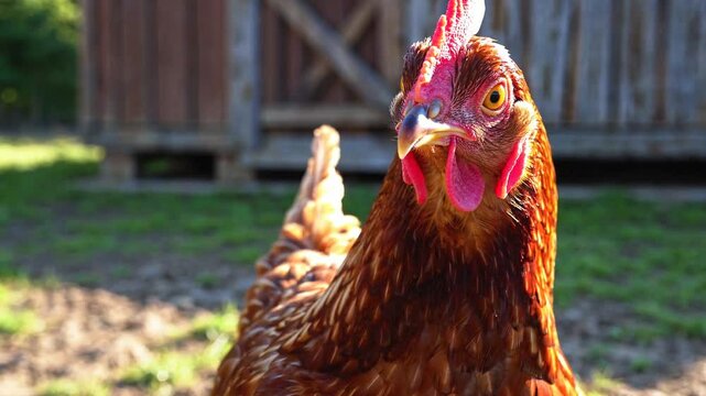  close-up portrait of a red hen standing in a sunlit farmyard,