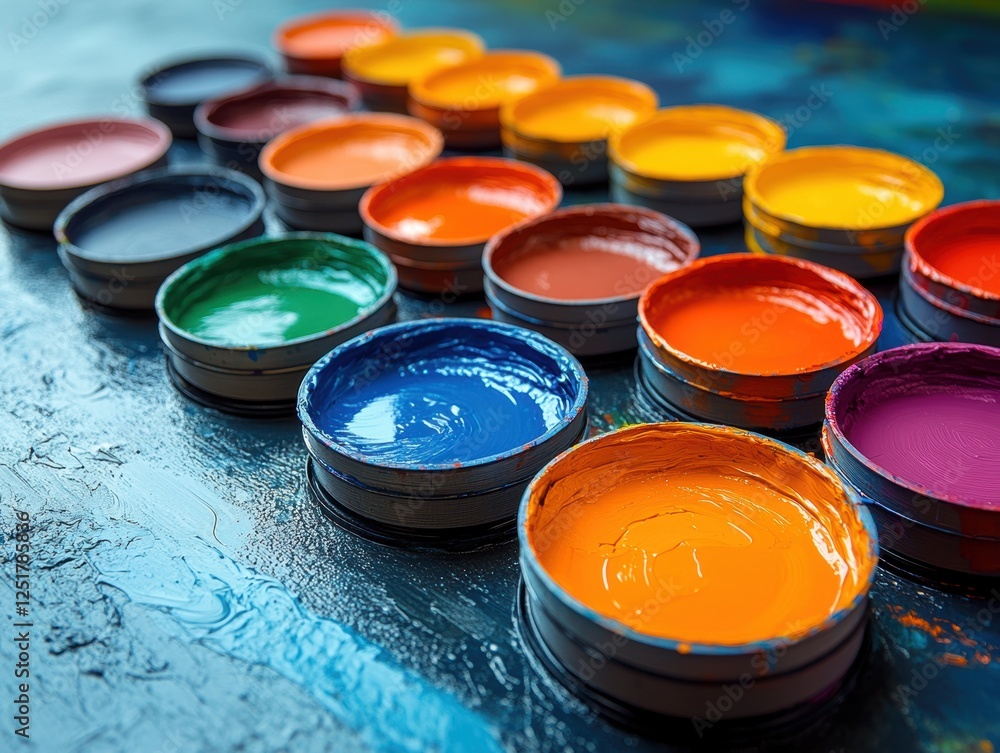 Poster a vibrant array of paint containers arranged in a colorful spectrum.
