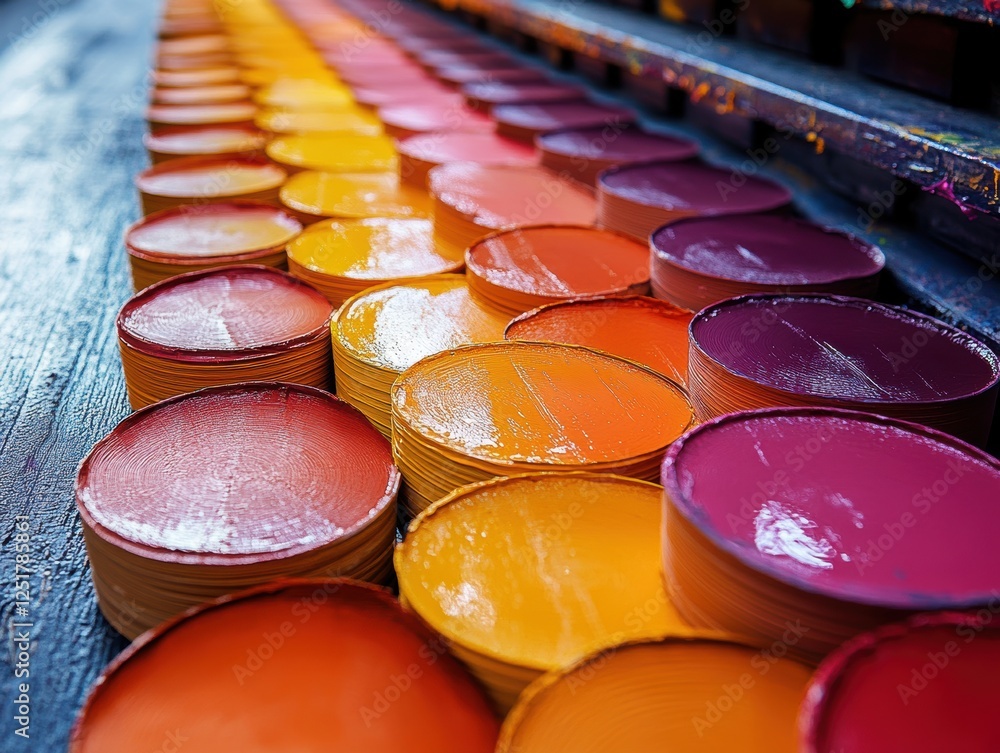 Aufkleber a vibrant array of paint cans in various colors arranged in a row.