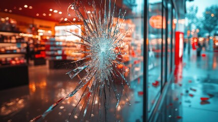 Shattered storefront window, city street, vandalism, blurry background, insurance claim