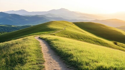 Fototapeta premium A footpath leading across a grassy meadow with rolling hills and a bright sky in the background