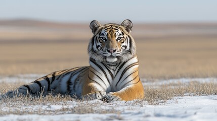 Obraz premium Siberian tiger resting snowy plains winter habitat conservation