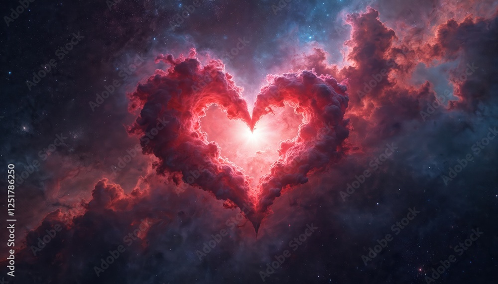 Poster heart shaped nebula glows in deep space. clouds form loving symbol. romantic starlight shines. celes