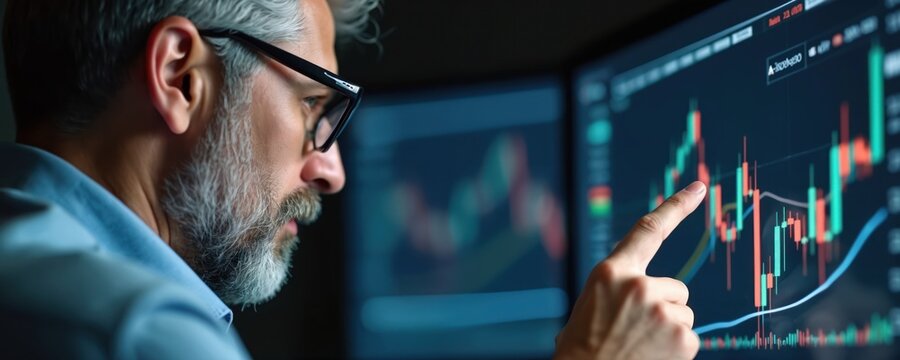 Man analyzes stock market chart on screen with finger. He works with financial data trends. Trader examines graphs, charts, growth on computer in office. Investment concept shown.