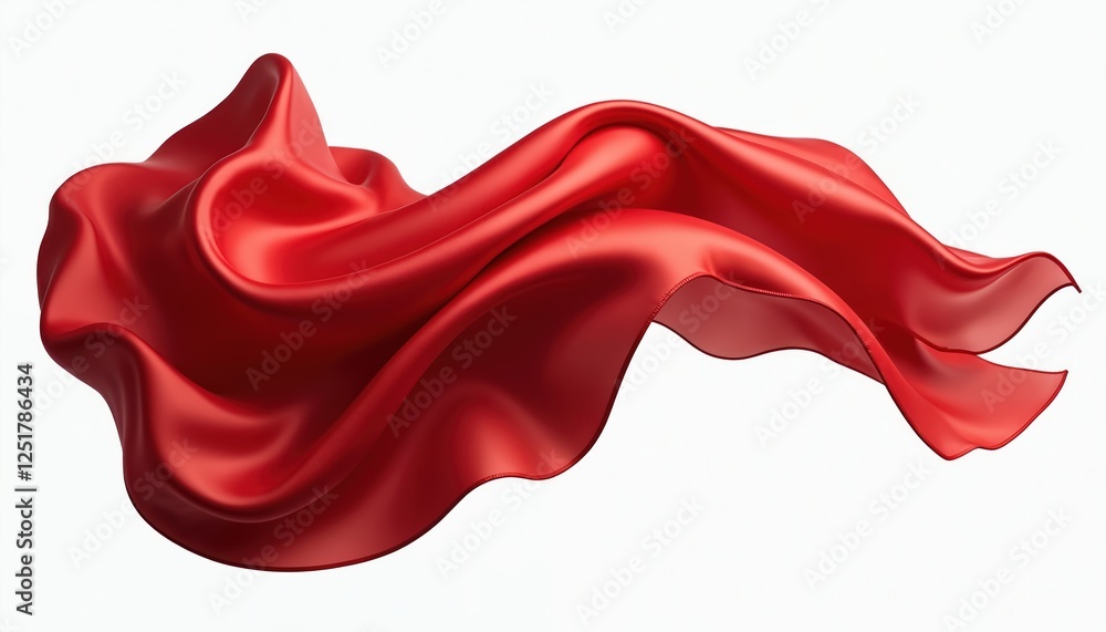 Poster illustration of flying red silk fabric with smooth soft texture on white background. satin textile c