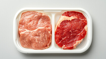 Fresh raw meat in plastic tray, showcasing pork and beef cuts