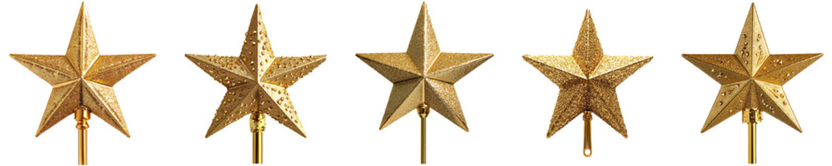 Set, Group of Golden Star Christmas Tree Isolated on Transparent Background&nbsp;PNG&nbsp;Image.