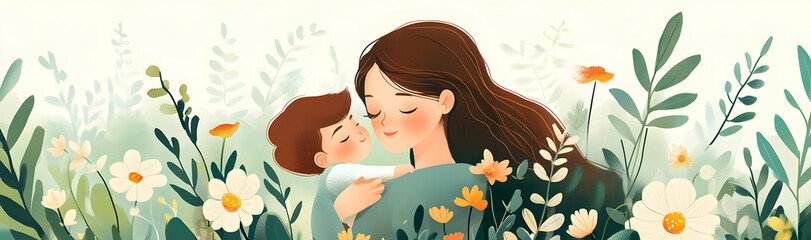 Heartwarming illustration of a mother and child surrounded by delicate flowers, celebrating motherhood AI Generated