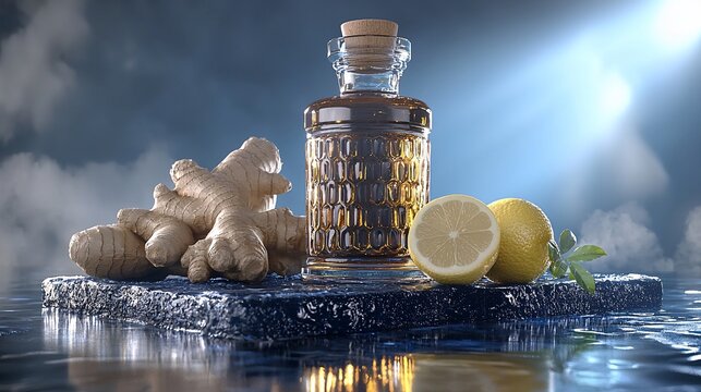 Ginger lemon elixir bottle, dark background, reflection