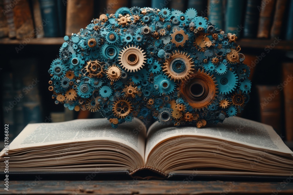Poster a brain made of gears on an open book, symbolizing knowledge and innovation.