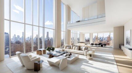 Contemporary minimalist living room with a statement armchair, neutral color palette, and floor-to-ceiling windows, bright and inviting