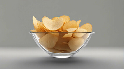 A realistic illustration of a bowl of potato chips, showcasing the texture, shape, and natural appearance of the snack. Generative AI