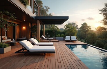 Obraz premium Morning view of modern house with teak deck, swimming pool surrounded by trees. Lounge chairs for relaxation. Luxurious villa exterior with wooden terrace, pergola for sun shade. Tranquil vacation