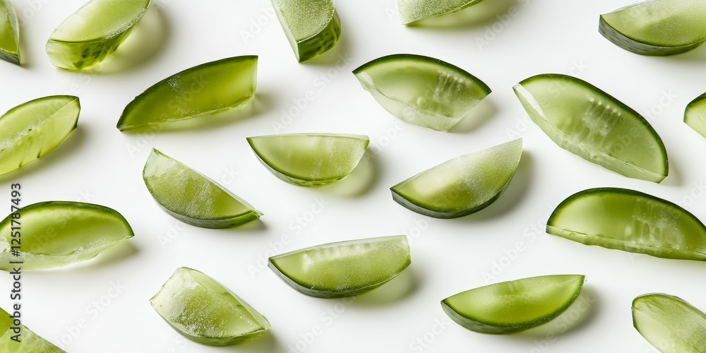 Aufkleber crisp green cucumber slices arranged in an artistic pattern on a bright white background highlightin