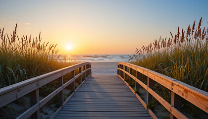 Obraz premium Beach Sunset Scenic Ocean View with Wooden Boardwalk