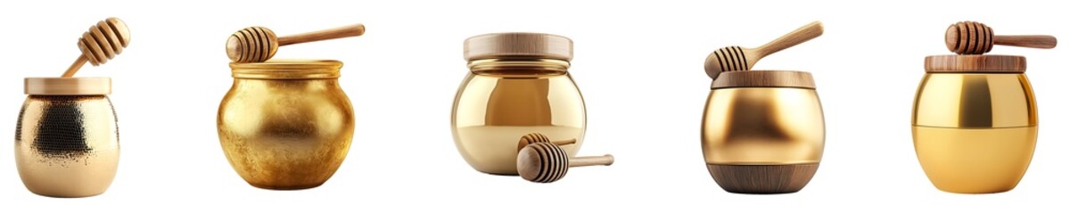 Set, Group of Golden honey jar with wood Isolated on Transparent Background&nbsp;PNG&nbsp;Image.