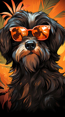 Cool black dog with orange sunglasses in tropical setting. Generative AI