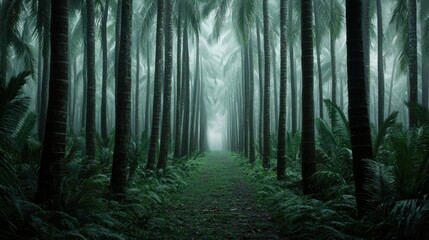 Naklejka premium Exploring a misty palm forest pathway tropical oasis nature photography lush greenery serene ambiance perspective on tranquility