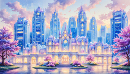 Enchanting futuristic cityscape with blooming cherry trees, wonder