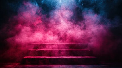 Smoky stage steps, neon lighting, product display