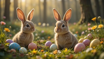 Fototapeta premium Two cute rabbits sitting on lush green grass surrounded by colorful painted Easter eggs, symbolizing Easter celebrations and holiday egg hunt
