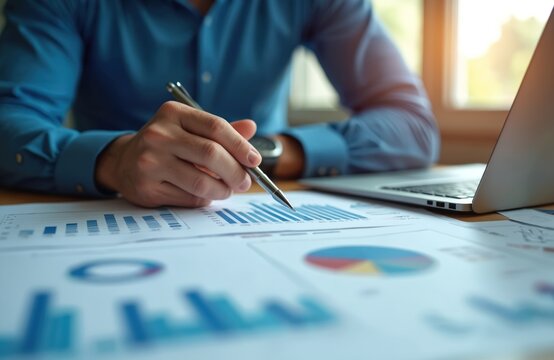 Close-up of man reviewing graphs, diagrams with pen near laptop. Financial analyst examines business reports, performance analysis, investment data, company sales statistics. Manager plans project,