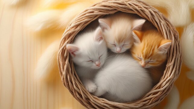 A group of tiny kittens snuggling together in a basket, soft fur and warm light, heart-melting cuteness