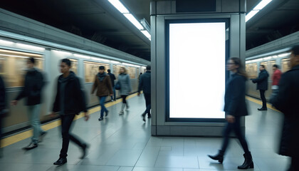 Fototapeta premium Underground metro station with commuters rushes. Blank illuminated billboard display catches attention in urban rush hour. Modern subway platform with train. People travel to work, daily commute