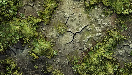 Obraz premium Close-up view of cracked earth beautifully adorned with vibrant green moss and small plants.