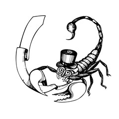 Humorous  Scorpion horoscope symbol with cylinder hat and tie. Funny Zodiac Scorpio Sign. Hand drawn vector illustration