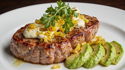 Delicious pan seared tuna with citrus vinaigrette and avocado slices Perfect for food blogs menus and culinary designs