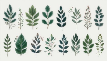 A set of minimalist foliage illustrations on a white background 