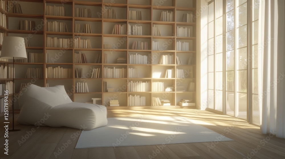 Poster minimalist living room showcasing a simple bookshelf filled with curated decor, bright and clean spa