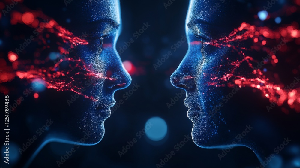Poster dynamic 3d composition of two faces with glowing red neural connections, showcasing technology and e